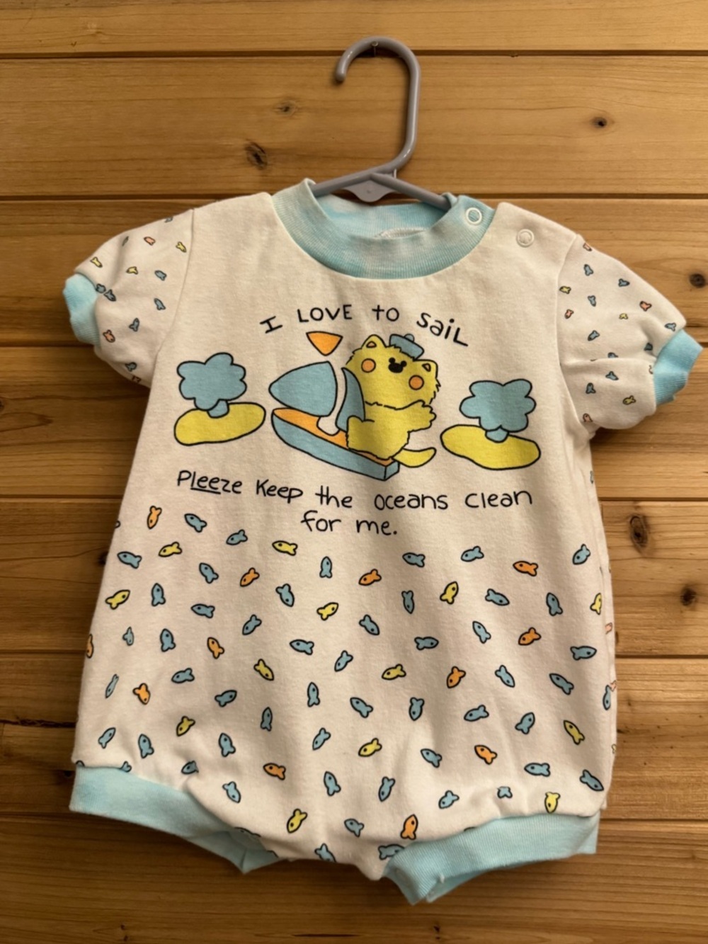Vintage 6-9M Sailing Novelty Romper Fish Ocean Environment Conservation Protect